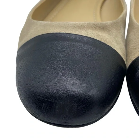 Garnet Hill Womens Shoes Leather Flats Sz 8 Tan Black Suede Cap Toe Italy Chic - Picture 5 of 11